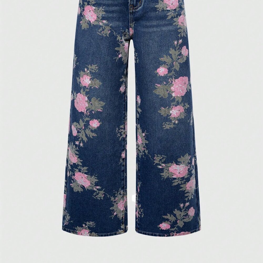Blue Casual Women's Floral Print Washed Loose Baggy Flared Jeans - Picture 3 of 5